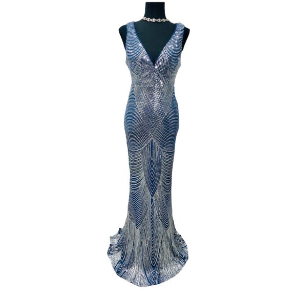 SALE. Silver Sequin on Navy Blue Backless Gown - Picture 3 of 5